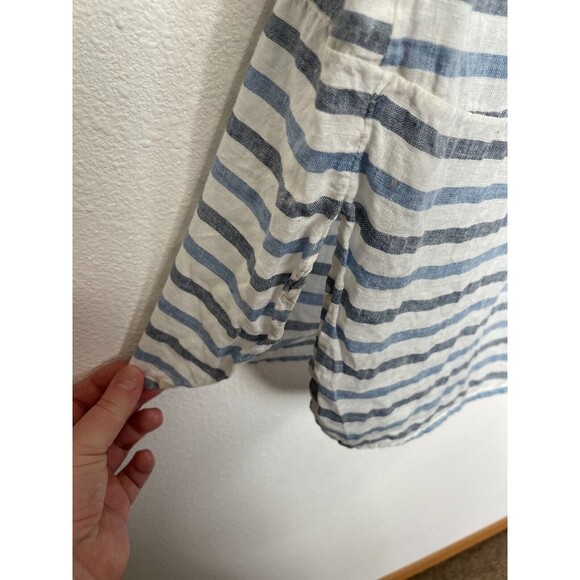 Two by Vince Camuto Medium Woven Striped Tunic Top Blue Linen Cuffed Cap Sleeve - Picture 8 of 12